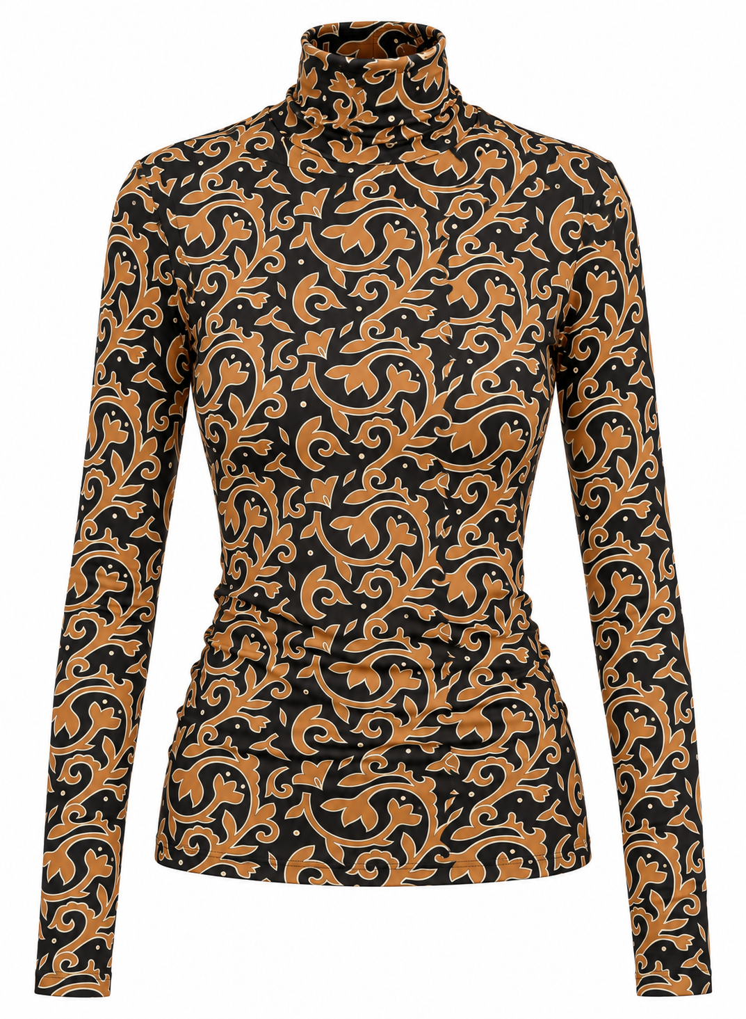 Charcoal long-sleeve turtleneck with a camel-brown ornamental floral print, shown against a white background.