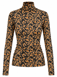 Charcoal long-sleeve turtleneck with a camel-brown ornamental floral print, shown against a white background.