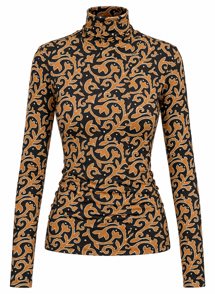 Charcoal long-sleeve turtleneck with a camel-brown ornamental floral print, shown against a white background.