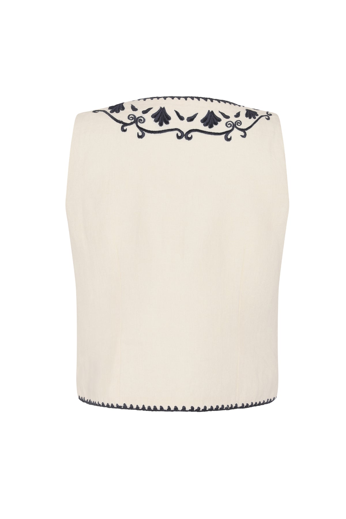 Back view of a cream sleeveless vest with navy embroidered detailing across the upper back and trim along the hem.