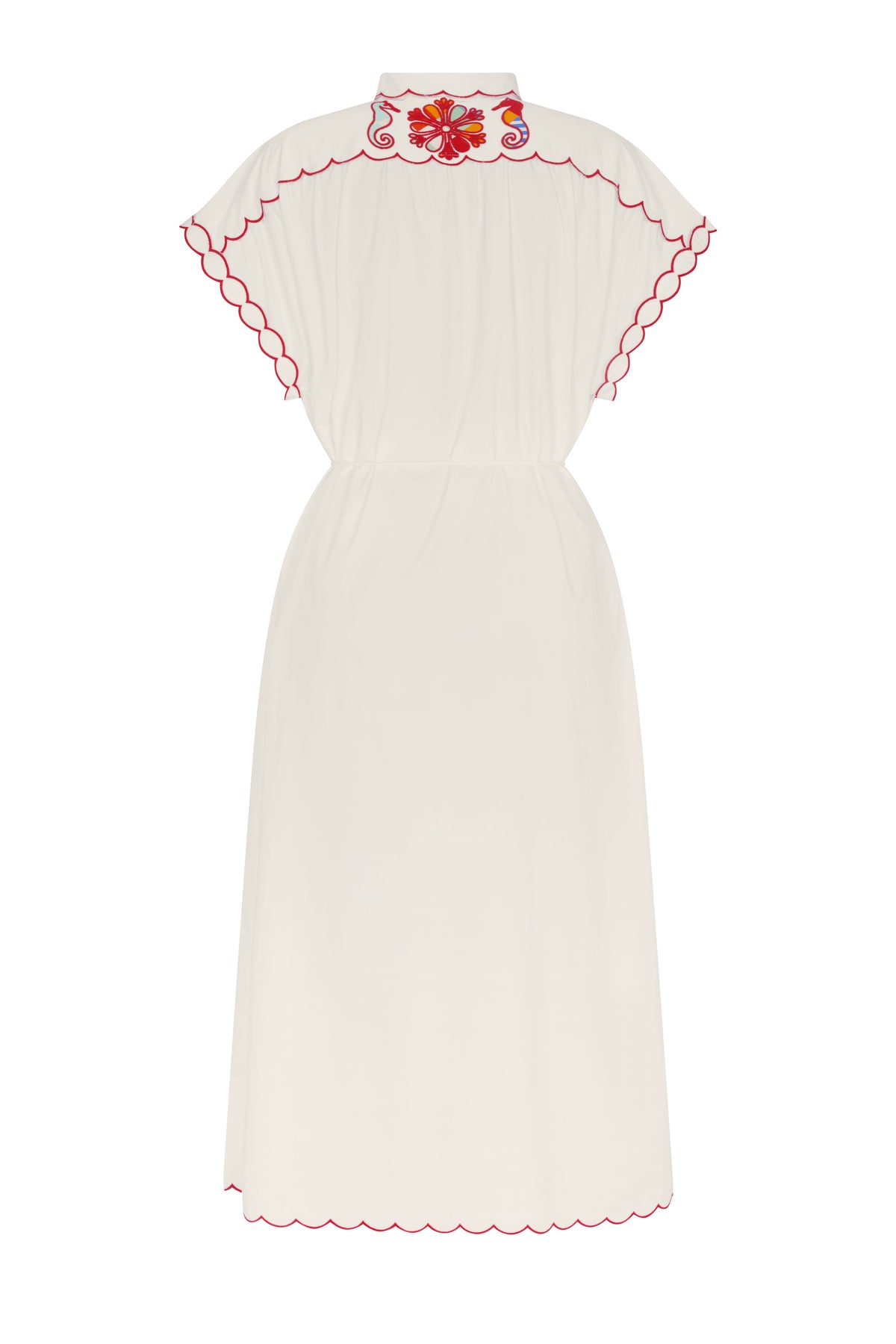 Off-white midi shirt dress with a softly gathered waist, scalloped red-trim detailing along the yoke, sleeves, and hem, and decorative embroidered motifs across the upper back. The relaxed silhouette and short flutter sleeves create an airy, feminine feel.