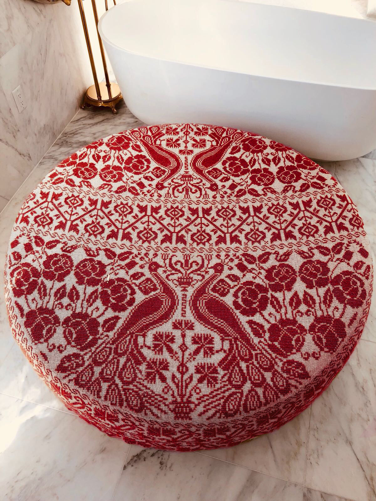 Carolina K Large Embroidered Ottoman Cream/Red